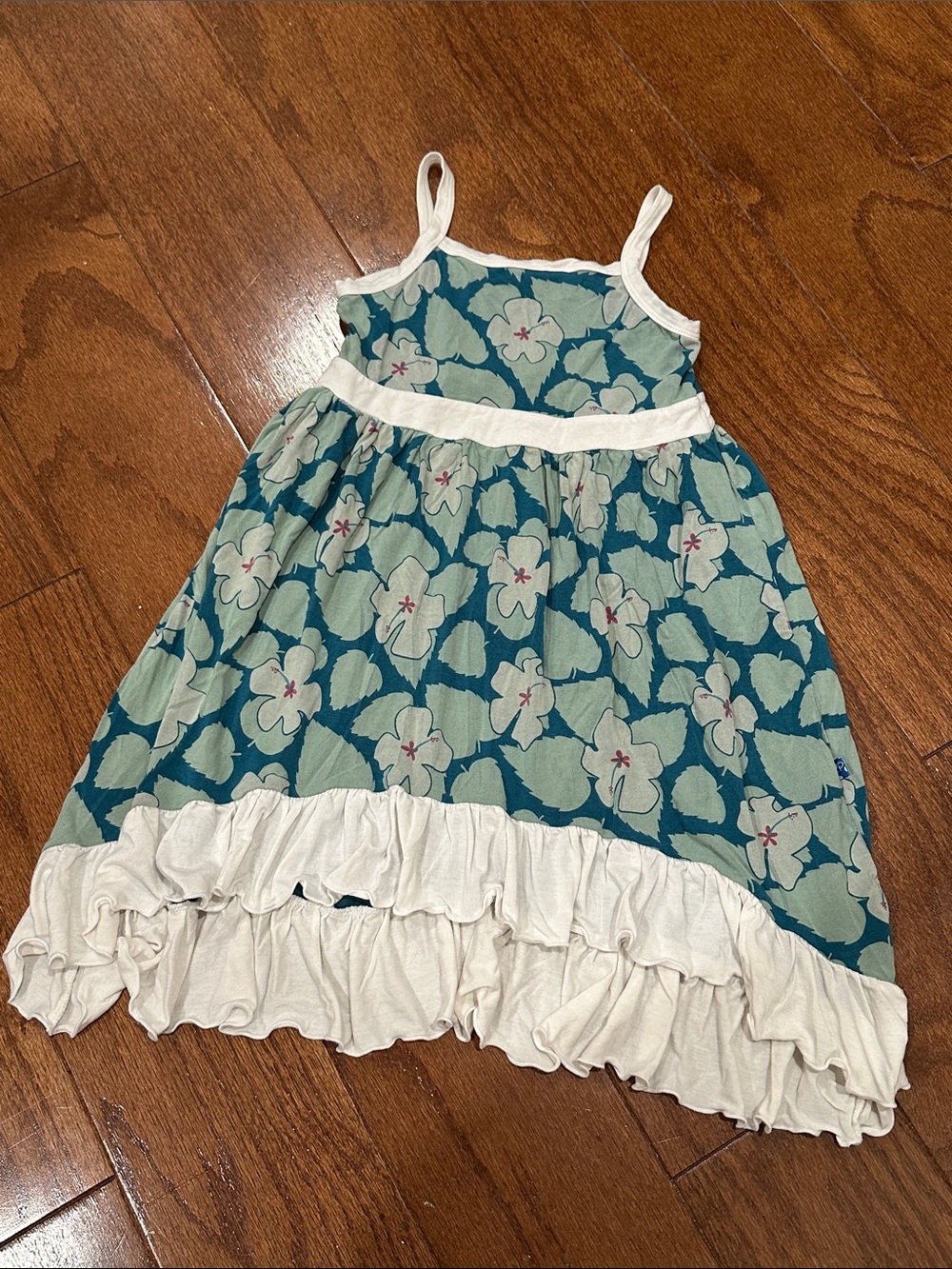 Kickee Pants Girls Floral teal Sundress with Ruffle hi-low hem